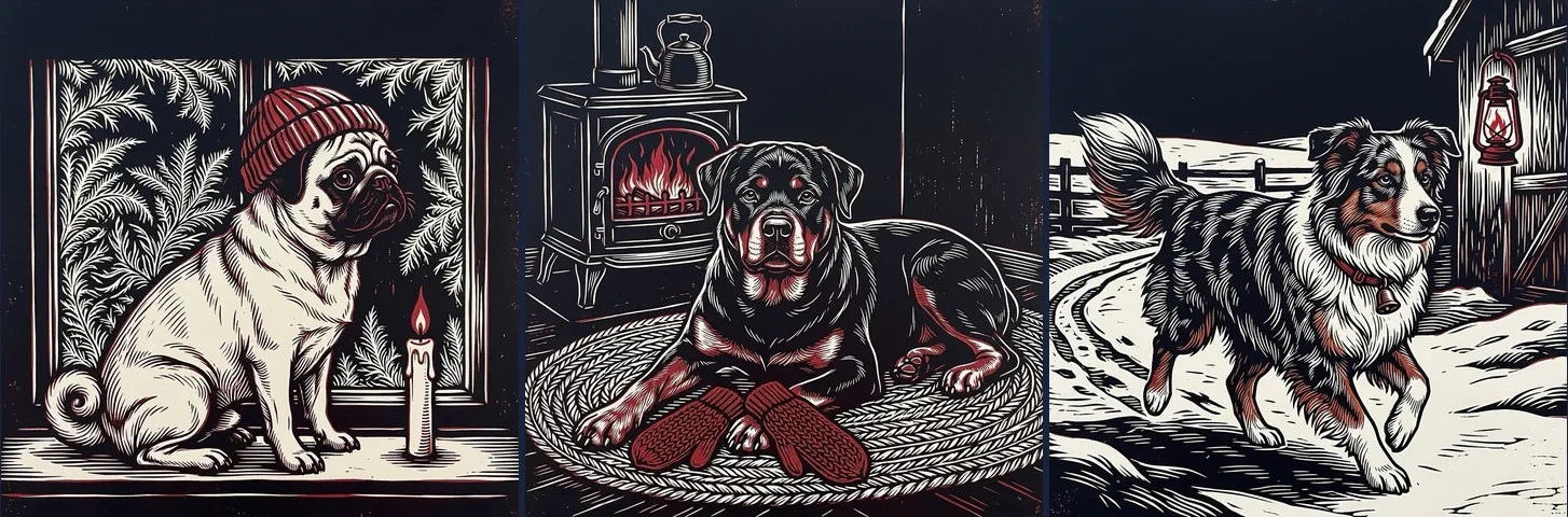 Three linocut Christmas scenes: a pug in a knit hat by a candle, a rottweiler by a wood stove, an Australian shepherd in the snow