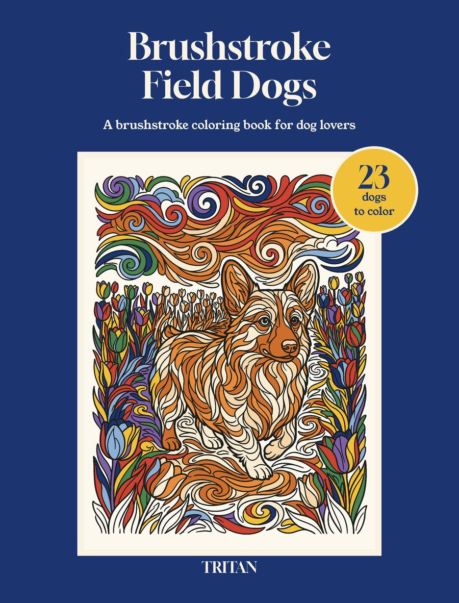 Brushstroke Field Dogs coloring book cover: a Corgi among tulips under a swirling sky in cobalt, sunflower and poppy red