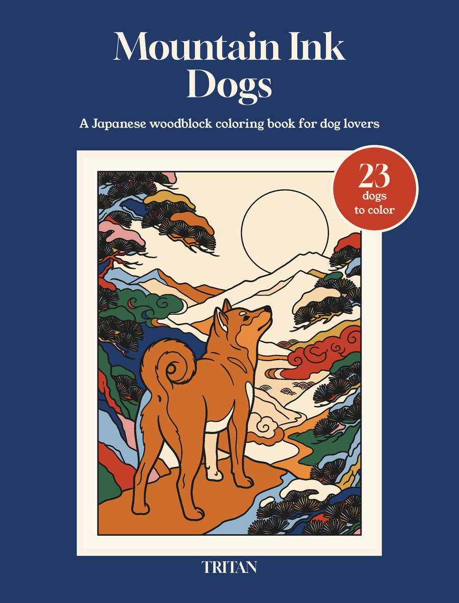 Mountain Ink Dogs coloring book cover: a Shiba Inu on a mountain path in Japanese woodblock colors
