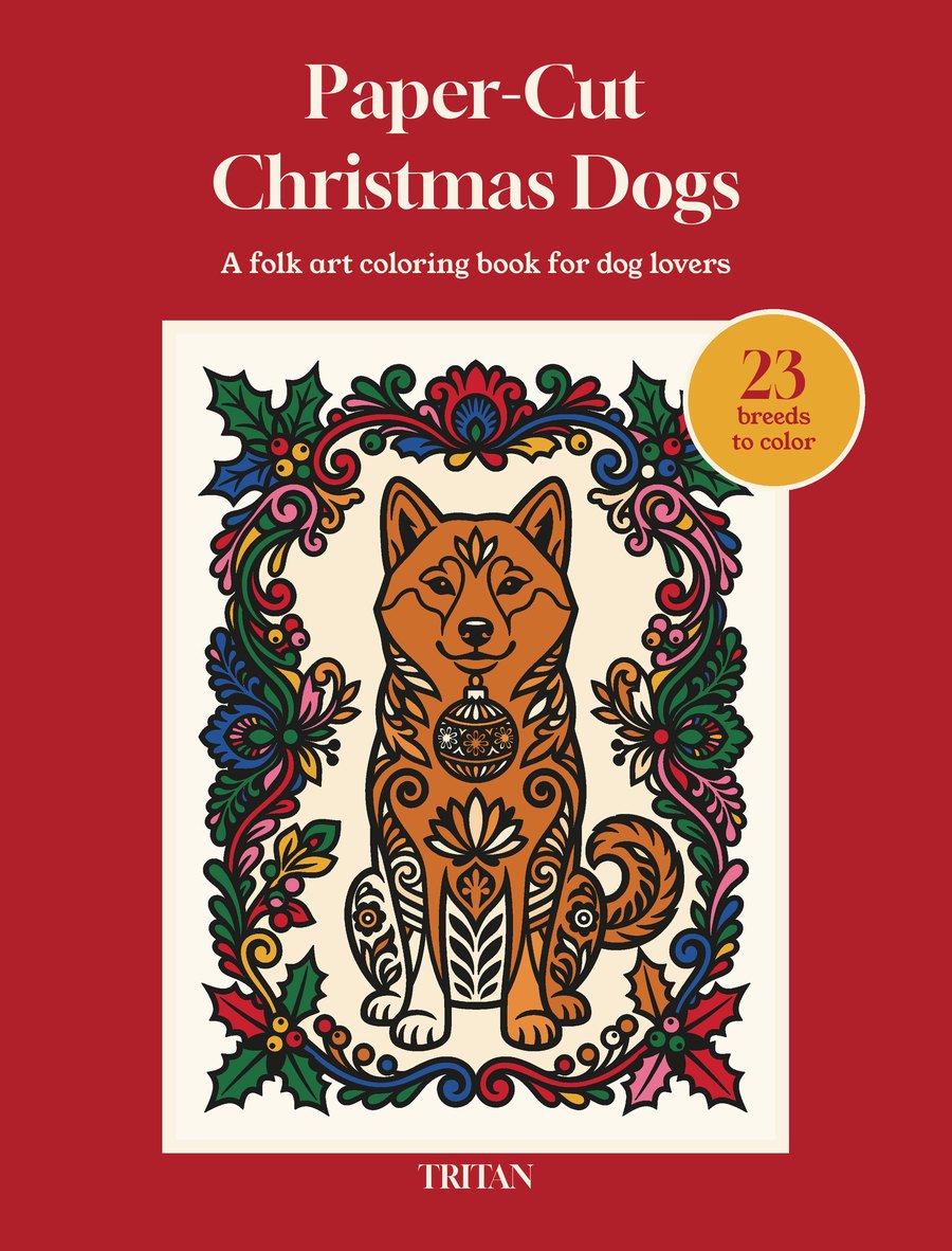 Paper-Cut Christmas Dogs coloring book cover: a Shiba Inu with a Christmas bauble in a Polish folk frame