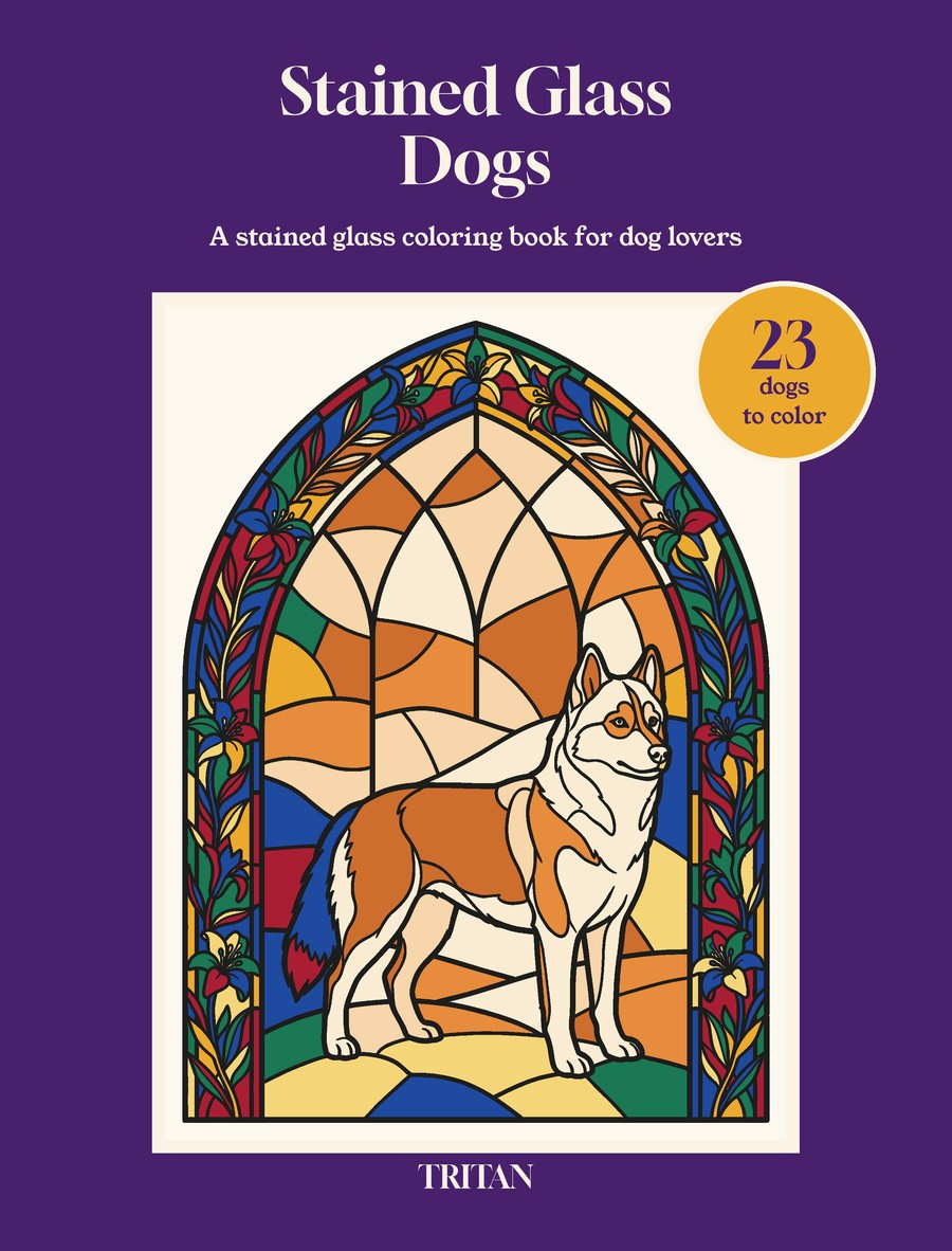 Stained Glass Dogs coloring book cover: a Siberian Husky in a pointed-arch stained glass window in ruby, sapphire and amber