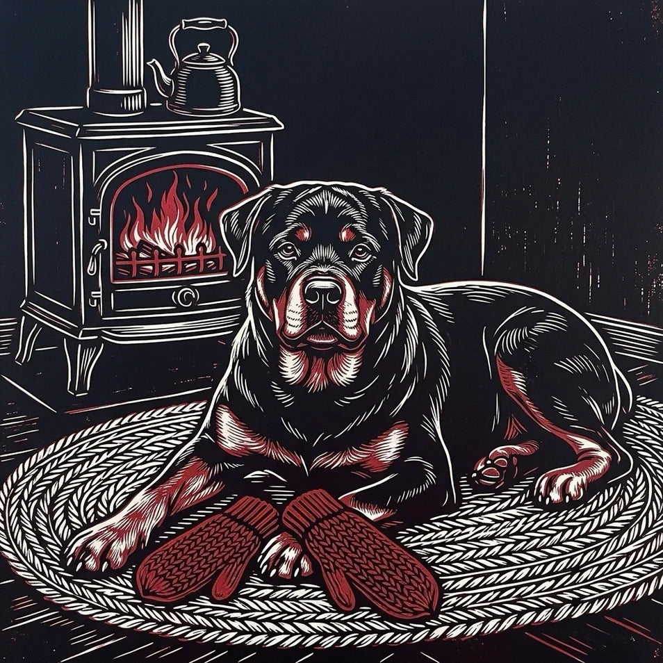 A Rottweiler resting on a braided hearth rug beside a glowing wood-burning stove, linocut print